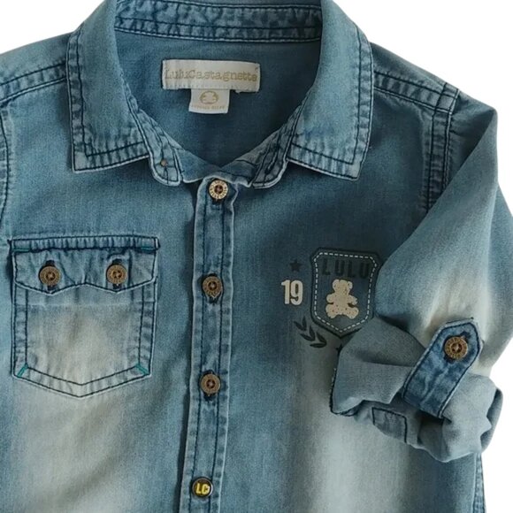Lulu Castagnette Chambray Teddy Bear Button-Down Shirt 18 months - Picture 8 of 11